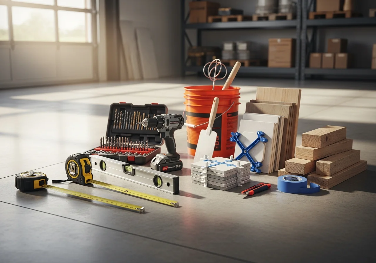 Contractor tools and materials organized on a worksite, showcasing professional home renovation equipment and supplies ready for installation.