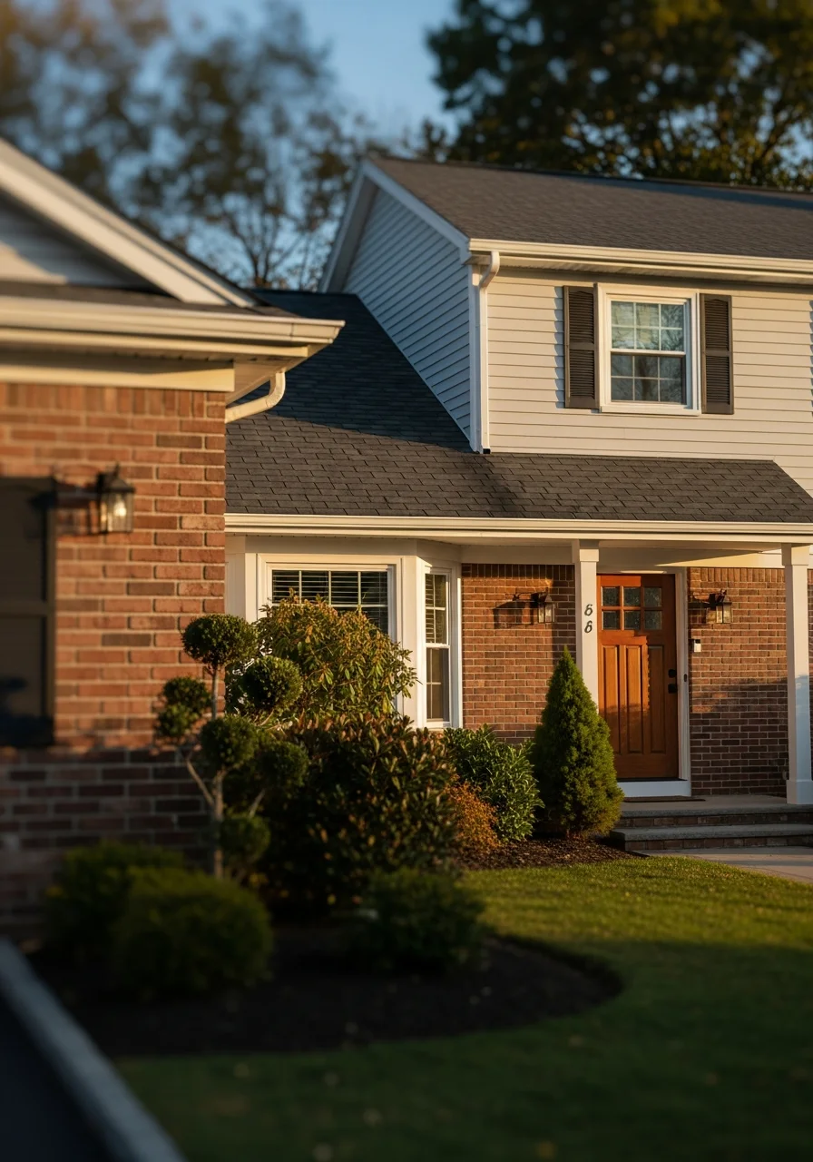 Uniformed service team member standing in front of Bergen County home with typical suburban architecture.