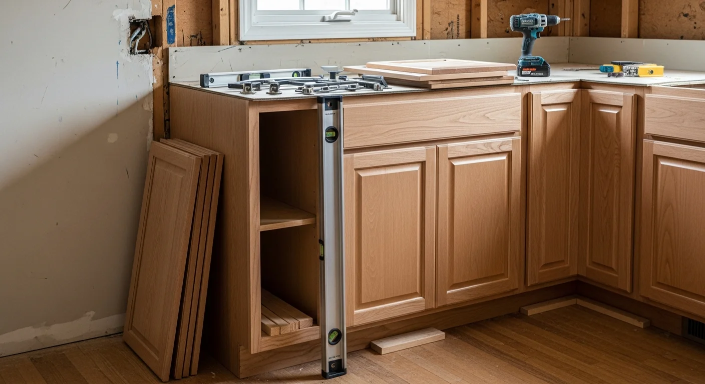 Newly installed white shaker-style kitchen cabinets with open upper shelving and lower base units in a remodeled Passaic County, NJ home. Cabinet doors are aligned flush with consistent hardware across a full kitchen wall run.