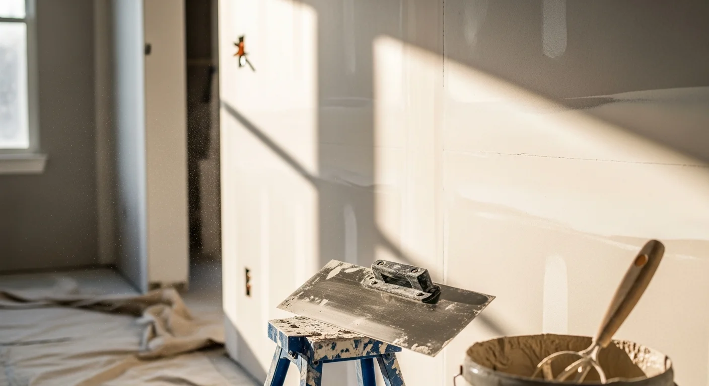 A freshly finished drywall wall in a Passaic County, NJ home interior showing smooth, paint-ready surfaces with sharp corners and no visible seams. A contractor applies a final coat of joint compound to a ceiling seam during a residential drywall finishing project.