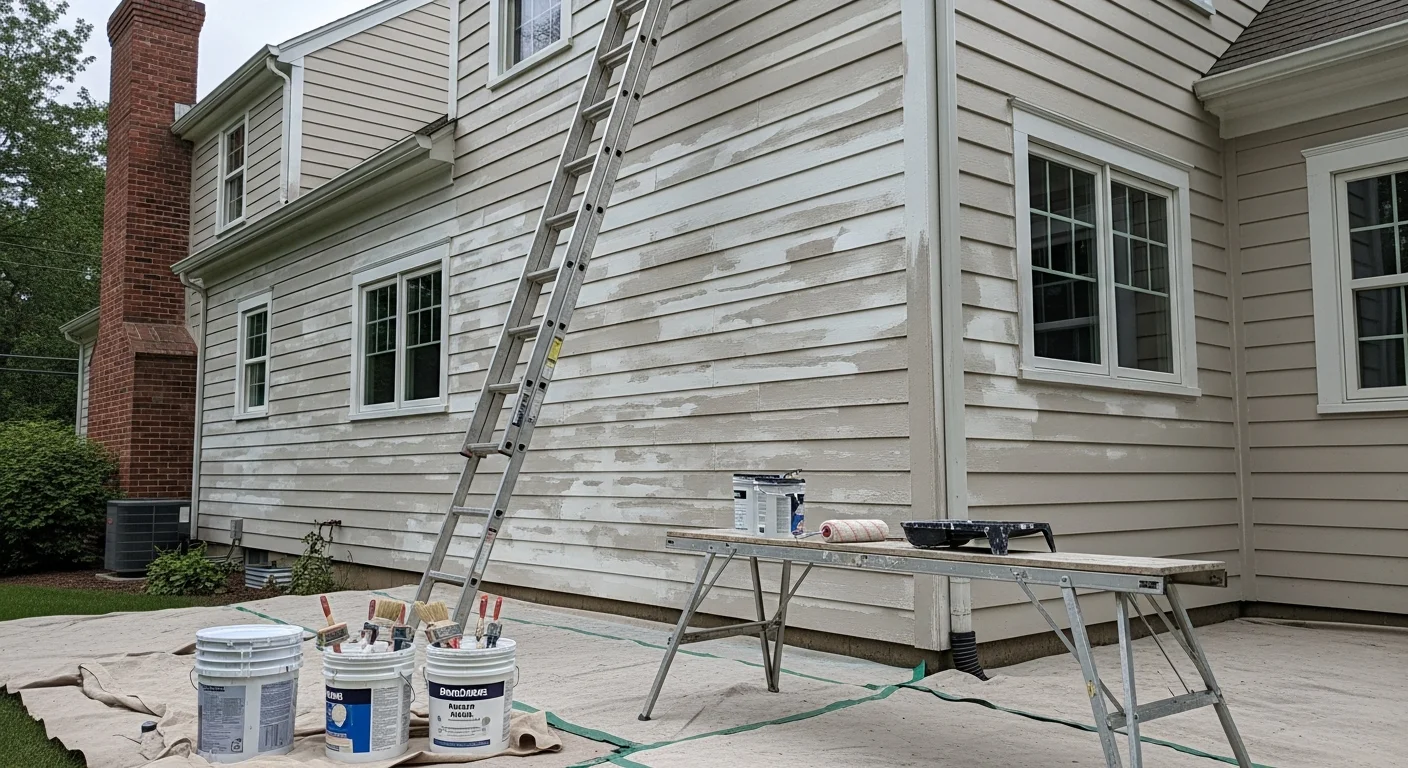 A freshly painted two-story colonial home exterior in Passaic County, NJ, showing clean white siding, painted black shutters, and sharp trim detail around windows and front door. The home sits on a residential street typical of North Jersey suburban neighborhoods.