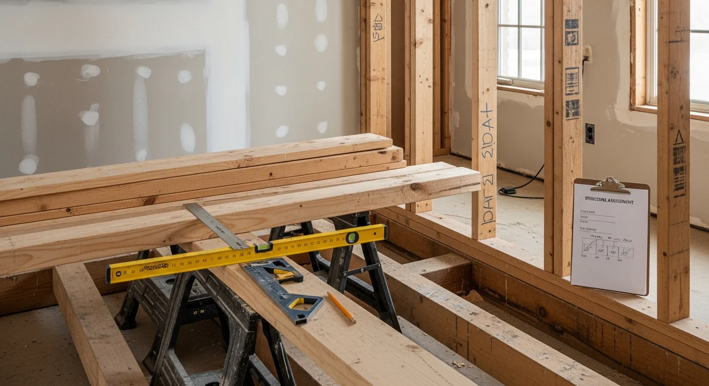 Interior framing of a Passaic County NJ home addition showing new wood stud walls and floor joist structure mid-construction. A general contractor reviews the structural layout before insulation and drywall installation begins.