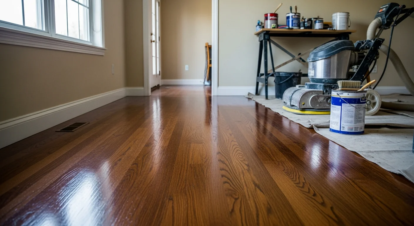 Freshly refinished solid hardwood floors in a Passaic County, NJ home showing a smooth, even finish with no visible scratches or worn patches. The wood grain is clear and the surface reflects natural light from nearby windows.