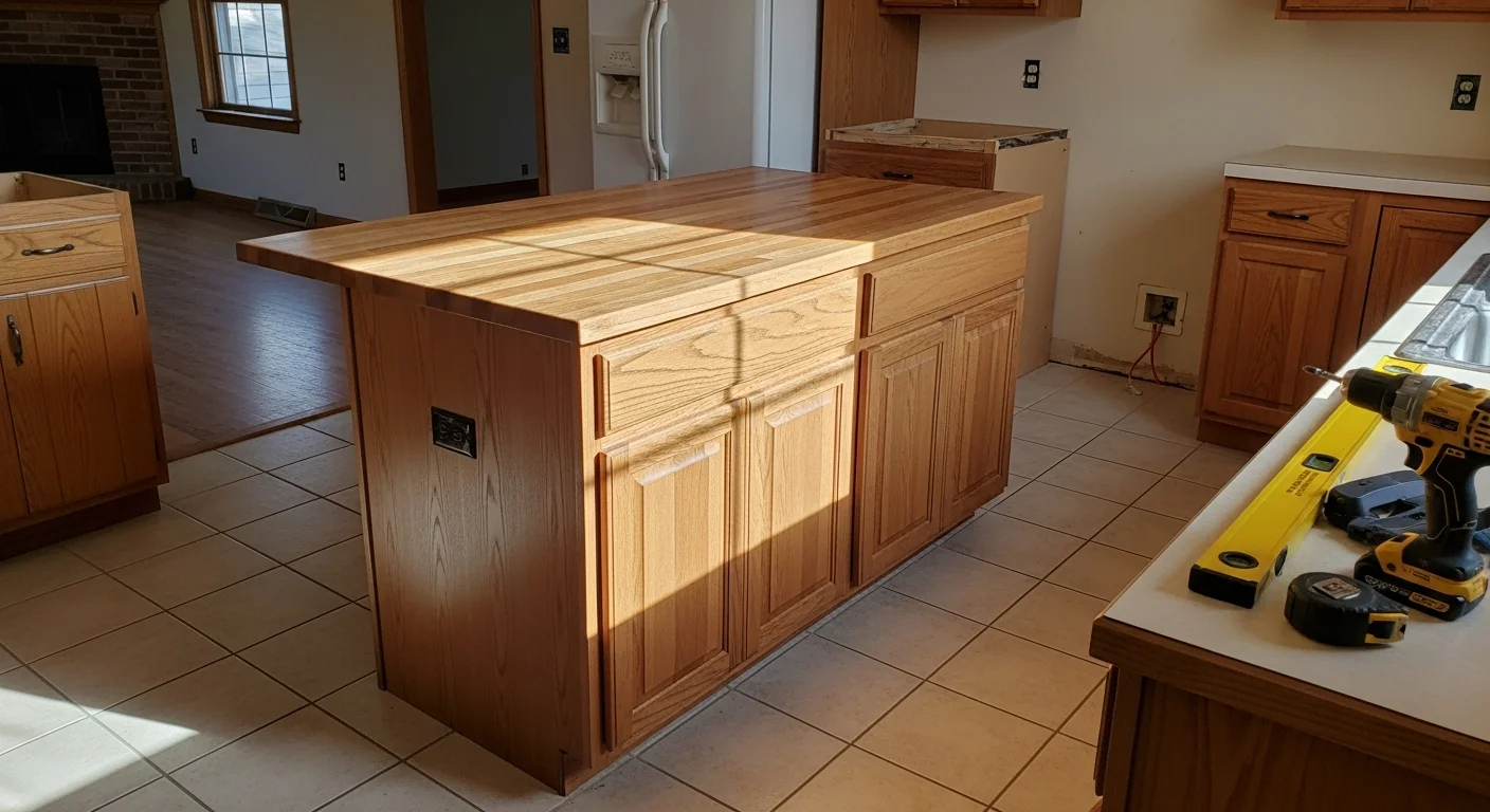 A newly installed custom kitchen island with base cabinet storage and a stone countertop in a Passaic County, NJ home. The island sits centered in a renovated kitchen with clear walkway space on all sides.