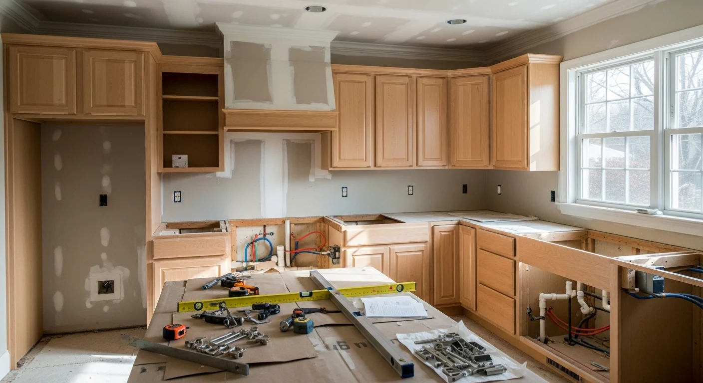 A remodeled kitchen in a Passaic County, NJ home featuring new cabinetry, updated countertops, and recessed lighting. The open layout replaces a previously closed-off kitchen common in older North Jersey homes.